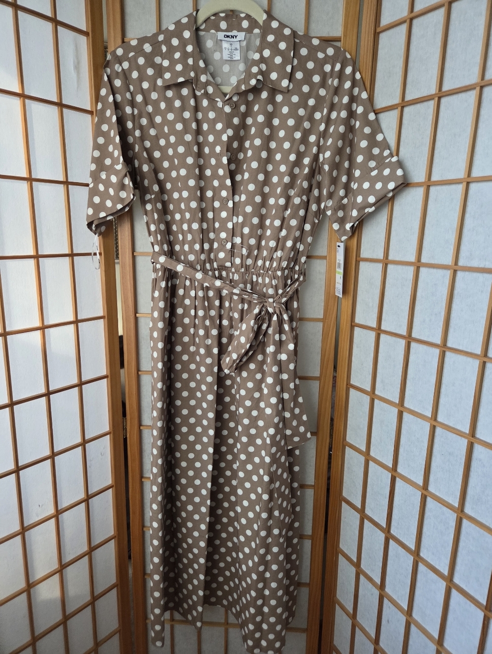 NWT DNKY TAN/WHITE POLKA DOTS COTTON BUTTONS DOWN FIT & FLARE BELTED DRESS 4
